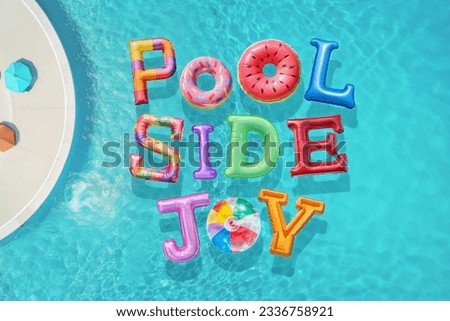Poolside Joy Colorful Air Mattress Lettering. Summer vacation on the sea poster. Summertime wallpaper happy shiny day. 