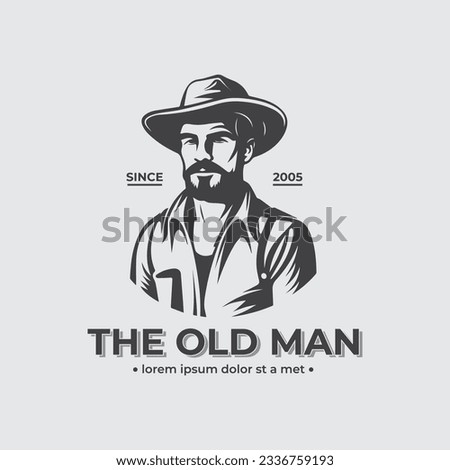 Man with mustache and hat logo illustration, vintage style logo design, farmer man silhouette.