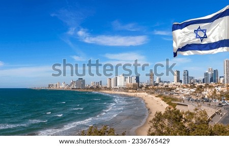 Israeli National waving flag on Tel Aviv coast panoramic view background. Mediterranean, Middle East, Israel