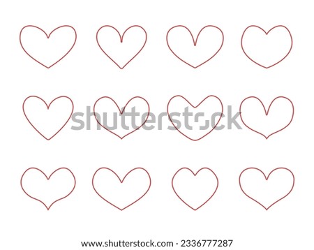 Red line hearts set. Red abstract symbols of love, symmetric doodle heart collection. Valentines day clip art elements. Vector illustration isolated on white background