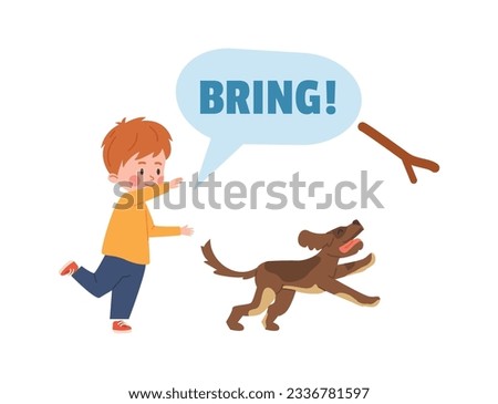 Child commands his dog to bring a stick, flat cartoon vector illustration isolated on white background. Dogs training and teaching agility and obedience.