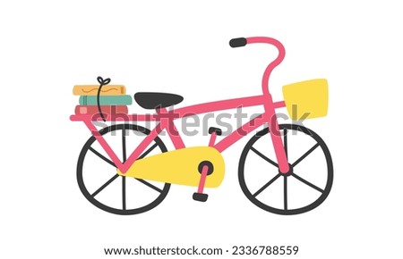 Student bicycle clipart. Simple red bicycle with stack of books behind for kids going to school flat vector illustration cartoon style hand drawn. Students, classroom, back to school concept