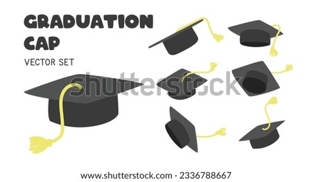 Graduation cap clipart vector set. Set of graduation caps with different angles flat vector illustration cartoon style clip art hand drawn. Students, graduation celebration caps throwing up concept
