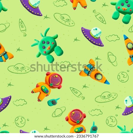 Play dough Alien and Spaceman. Bright Cosmic Illustration. Handmade clay plasticine. Seamless image, cute background for print, printing, production, poster