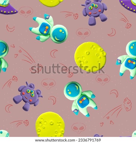 Play dough Alien and Spaceman. Bright Cosmic Illustration with comet. Handmade clay plasticine. Seamless image, cute background for print, printing, production, poster