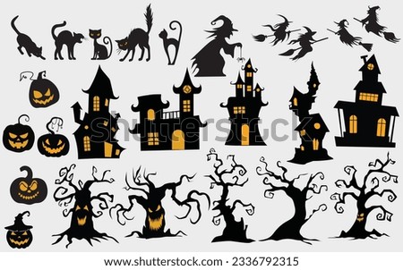 Set of silhouettes of Halloween on a white background. template and decoration. Vector illustration. 