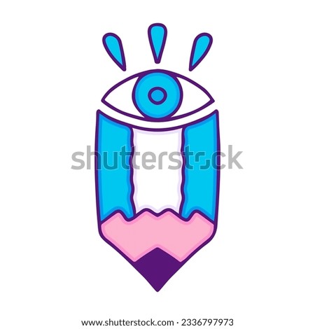 Pencil and one eye symbol, illustration for t-shirt, sticker, or apparel merchandise. Doodle, retro, and cartoon style.