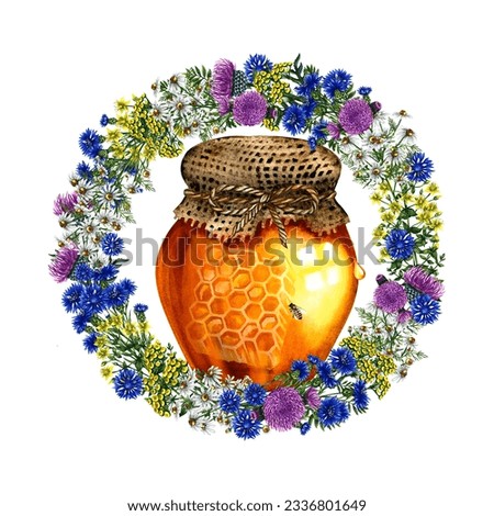 Honey in a glass jar. Wildflower wreath. Watercolor hand drawn illustration. On a white background. For packaging and labels, postcards and banners, printing and stickers.