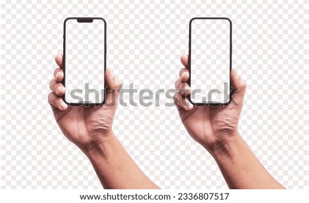 Hand holding the black smart phone with blank screen and modern frameless design isolated on Transparent background - Clipping Path	
