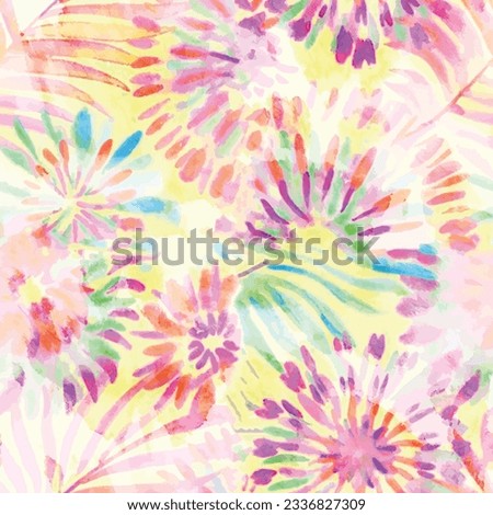 Seamless tie-dye pattern with pink, blue and yellow batik swirl rainbow background