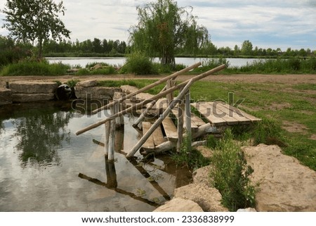 A small pond with cool spring water on a picturesque lake shore with reeds on a hot summer day. Wooden steps descend into the clear water of the pond. A tree is reflected in the water. Copy space.