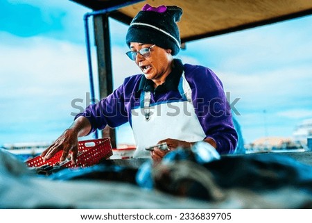 Woman selling fresh fish in the port. Business and sea food concept.