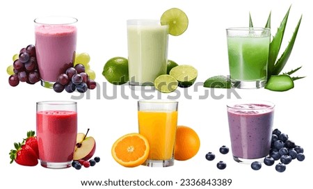 Freshly pressed Fruit vegetable juice smoothie with fruits veggie toppings on white background file. Many assorted different flavour. Mockup template for artwork design Royalty-Free Stock Photo #2336843389
