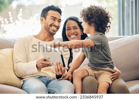 Family, tablet and child learning on a home sofa with happiness, development and internet connection. Man, woman and son or kid together on a couch with technology for education, games and online app