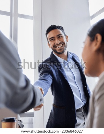 Meeting, smile and handshake with business people in office, b2b deal or agreement for startup opportunity. Hand shake, partnership and welcome, happy businessman shaking hands for onboarding support Royalty-Free Stock Photo #2336846027