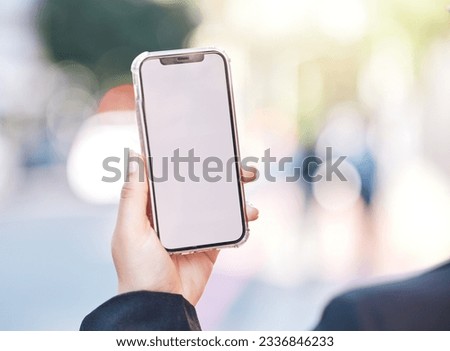 Woman, hands and phone with mockup screen in city for advertising, social media or outdoor communication. Closeup of female person or mobile smartphone display for online app or network in urban town
