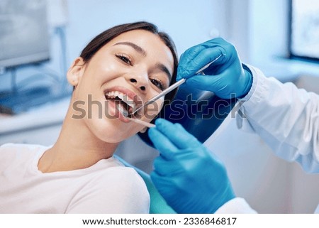 Healthcare, dentist tools and portrait of woman for teeth whitening, service and dental care. Medical consulting, dentistry and orthodontist with patient for oral hygiene, wellness and cleaning Royalty-Free Stock Photo #2336846817