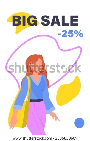 Shopping girl banner. Discounts and promotions, special limited offer. Marketing and commerce, advertising booklet or flyer. Online shopping. Poster or cover. Cartoon flat vector illustration