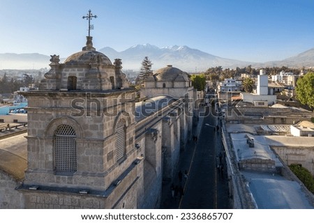 Aerial view of the Cathedral of Arequipa in the city of Arequipa, Peru