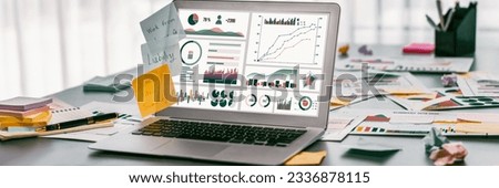 Sticky note for creative and analytic brainstorm for business idea with BI data dashboard on laptop screen. Analysis financial data visualization tech for marketing strategy. Prodigy