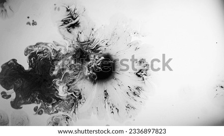 Ink splash. Black water swirl. Paint splatters spreading dark fluid floating grunge illustration abstract copy space background Royalty-Free Stock Photo #2336897823