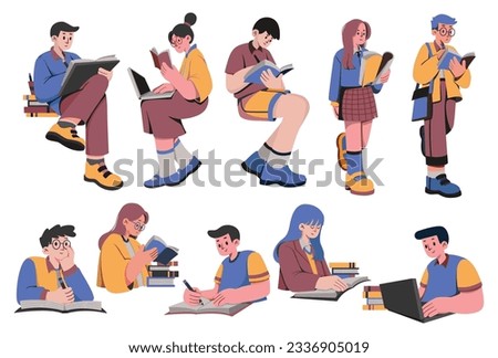 Teenage girl and boy at study, cartoon character, flat style illustration, student  learning design element, people clip art