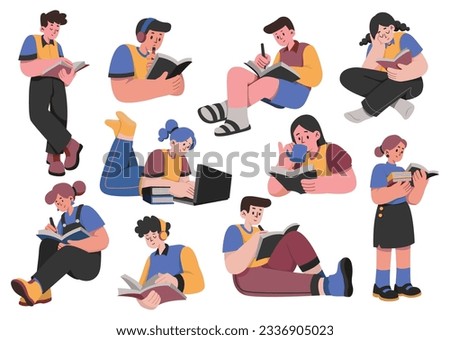 Teenage girl and boy at study, cartoon character, flat style illustration, student  learning design element, people clip art