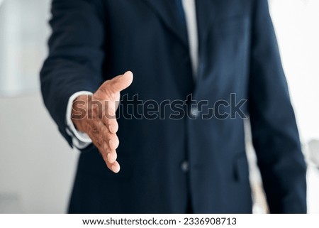 Handshake, offer and business person or lawyer introduction, deal and success or POV partnership. Corporate worker or employee shaking hands for meeting, interview or client negotiation and thank you Royalty-Free Stock Photo #2336908713