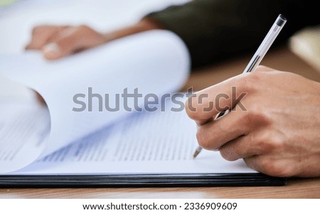 Signature, writing and hands with a contract for recruitment, onboarding or business. Planning, investment and a person legal paperwork, application agreement and signing a plan at a desk for work