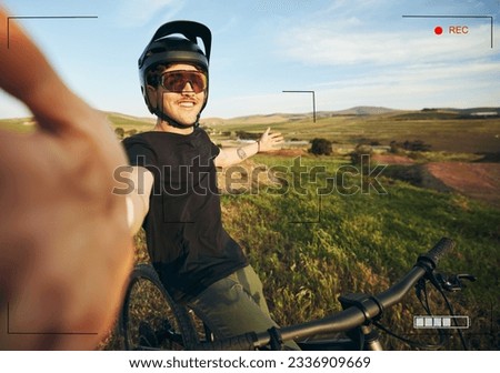 Selfie, bike and portrait of man in nature for exercise, training and workout outdoor. Bicycle, smile and athlete recording video with digital screen for social media, profile picture and cycling