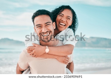 Love, portrait and piggyback with couple on beach for travel, summer and vacation together. Peace, smile and relax with man and woman hugging on date for seaside holiday, care and mockup space