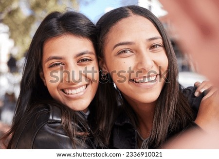 Face, friends and selfie of women in city, smile and bonding together outdoor for travel on vacation. Portrait, profile picture and girls with photography for happy memory, social media and holiday