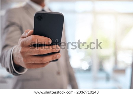 Hands, business man and typing with phone for social network information, mobile internet and search website. Closeup, office worker and smartphone to contact, digital news app and technology space