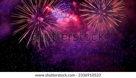 Purple Firework celebrate anniversary happy new year 2024, 4th of july holiday festival. Purple firework in night time celebrate national holiday. Violet firework Countdown to new year 2023 festival Royalty-Free Stock Photo #2336910523