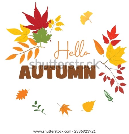 Hello autumn vector.  Autumn design template for decoration, sale banner, advertisement, greeting card and media content. Autumn element illustration. Autumn leaves flat vector isolated on white.
