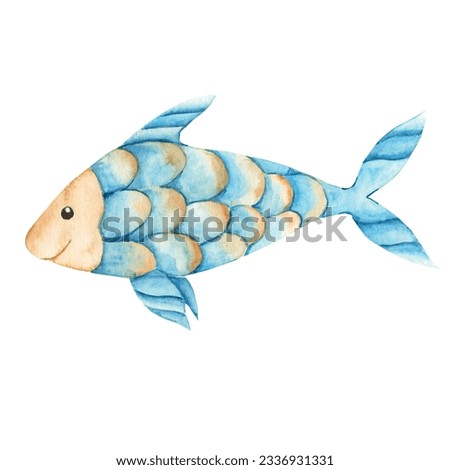 Cute blue yellow fish isolated on white background. Watercolor hand drawn illustration. Marine underwater design element for card, poster, print. Summer sea clipart.