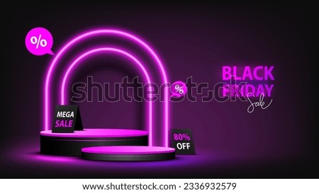 Black Friday Sale. Podium with pink neon lighting and sale-label elements. Pedestal scene with for product, advertising, show, and award ceremony on Black background. Vector illustration. 