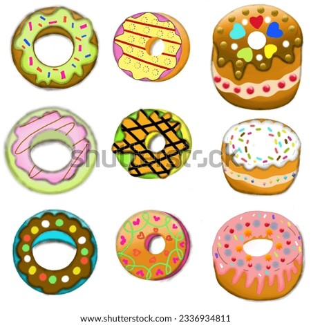 Donut, cute, cartoon ,sweets, set
