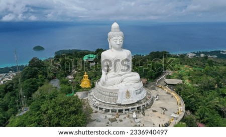 Aerial view Big Buddha of Phuket Thailand Height: 45 m. Reinforced concrete structure adorned with white jade marble Suryakanta from Myanmar. Royalty-Free Stock Photo #2336940497