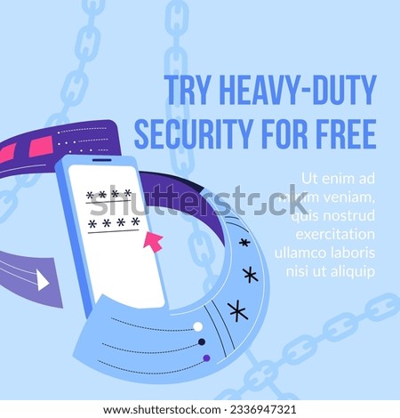 heavy duty security for free, anti malware software to protect personal data and information. Promotional banner of application for gadgets, phones and laptops. Vector in flat style illustration