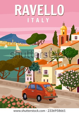 Retro Poster Italy, Ravello resort, Amalfi coast. Road retro car, mediterranean romantic landscape, mountains, seaside town, sailboat, sea. Retro travel poster Royalty-Free Stock Photo #2336958661