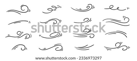 Doodle wind line sketch set. Hand drawn doodle wind motion, air blow, swirl elements. Sketch drawn air blow motion, smoke flow art, abstract line. Isolated vector illustration. Royalty-Free Stock Photo #2336973297
