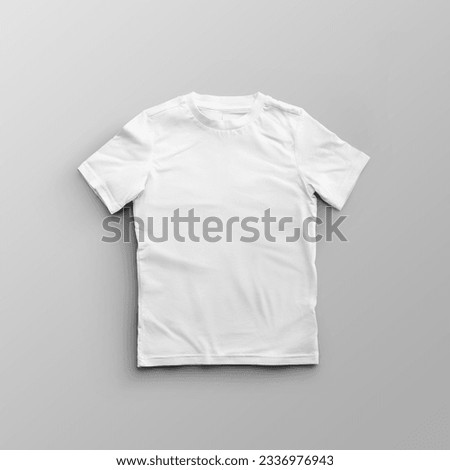 Template of children's white t-shirt with a round neck, label, place for design, print, front view. Kids apparel mockup isolated on background. Product photography for commerce, shirt for advertising