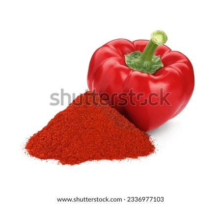 Heap of aromatic paprika powder and fresh bell pepper isolated on white Royalty-Free Stock Photo #2336977103