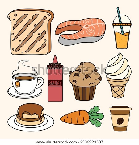 Set of Food and Beverages Simple Flat Line Illustration