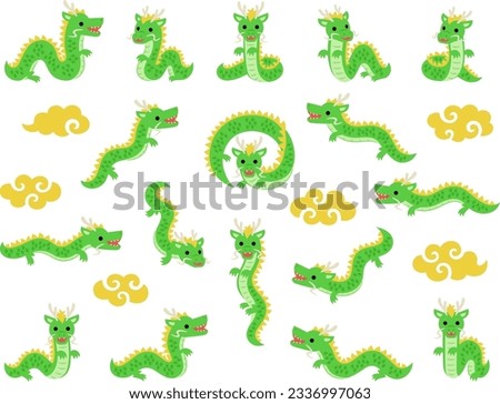 Illustration set of green dragons in various poses with golden clouds