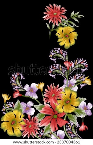 Digital textile printing flowers and leaves abstract vintage floral