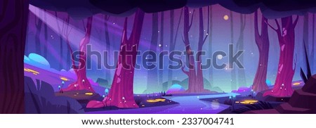 Fairytale night forest with river, yellow fireflies and neon mushrooms glowing in darkness. Vector cartoon illustration of water flowing in dark woodland, moonlight beams, magic lights flying in air Royalty-Free Stock Photo #2337004741
