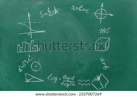 Frame made of different drawn geometric figures and math formulas on green chalkboard