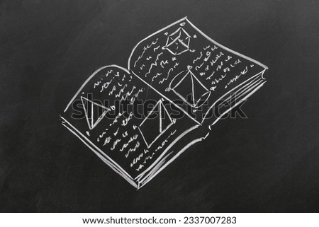 Drawn book with different geometric figures on black chalkboard